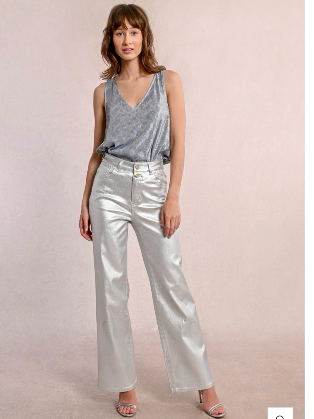 Molly Bracken Metallic Silver High-Rise Wide-Leg Pants